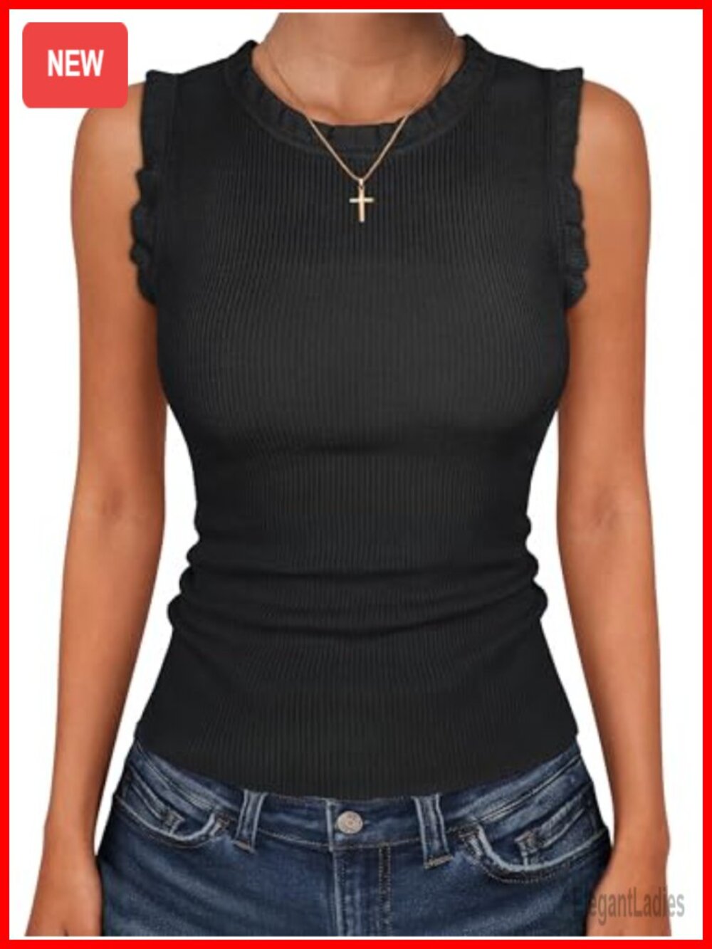 Ribbed Knit Ruffle Tank Top Sleeveless Slim Fit Crew Neck Layering Top